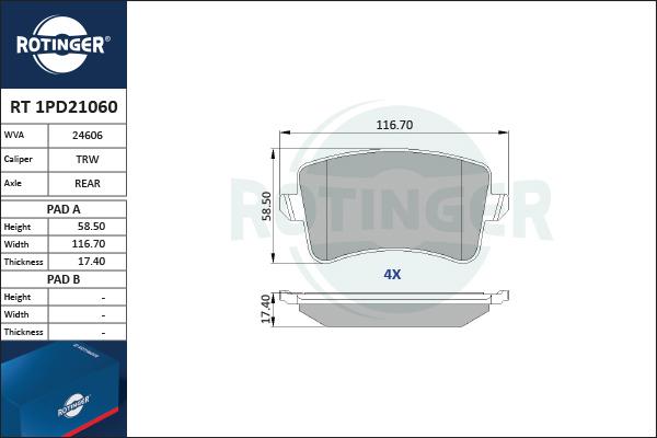 Rotinger RT 1PD21060 - Комплект спирачно феродо, дискови спирачки vvparts.bg