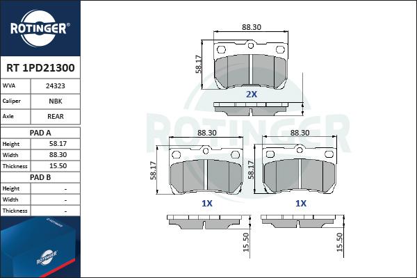 Rotinger RT 1PD21300 - Комплект спирачно феродо, дискови спирачки vvparts.bg