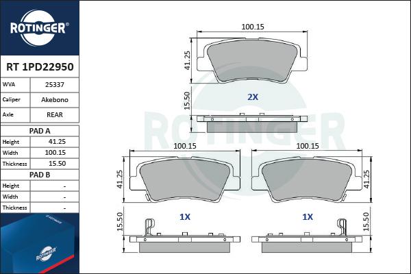 Rotinger RT 1PD22950 - Комплект спирачно феродо, дискови спирачки vvparts.bg