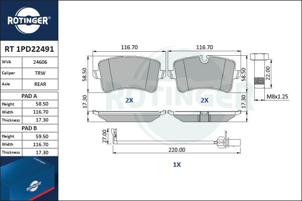 Rotinger RT 1PD22491 - Комплект спирачно феродо, дискови спирачки vvparts.bg