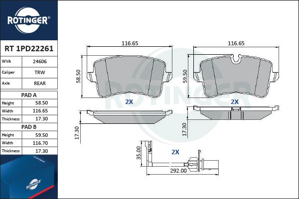 Rotinger RT 1PD22261 - Комплект спирачно феродо, дискови спирачки vvparts.bg