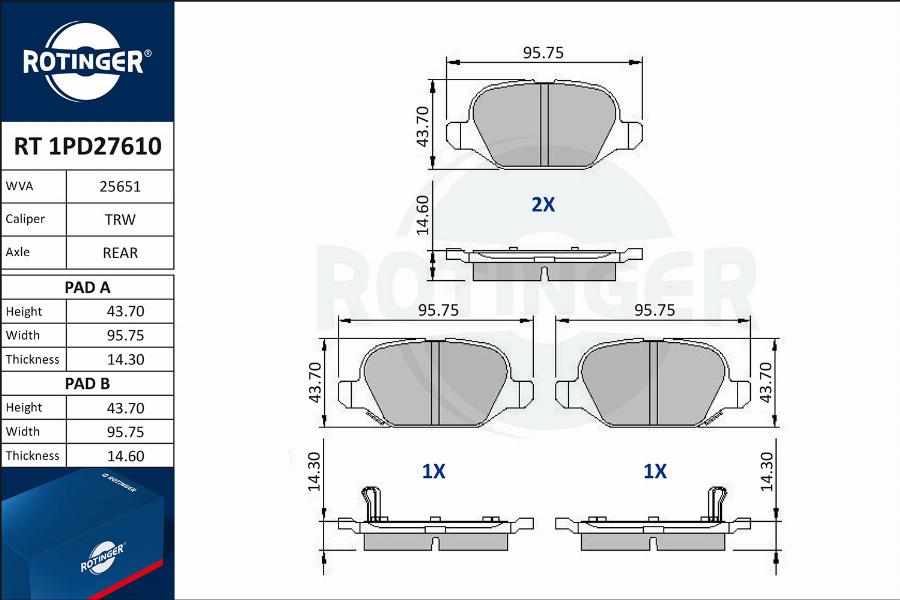 Rotinger RT 1PD27610 - Комплект спирачно феродо, дискови спирачки vvparts.bg