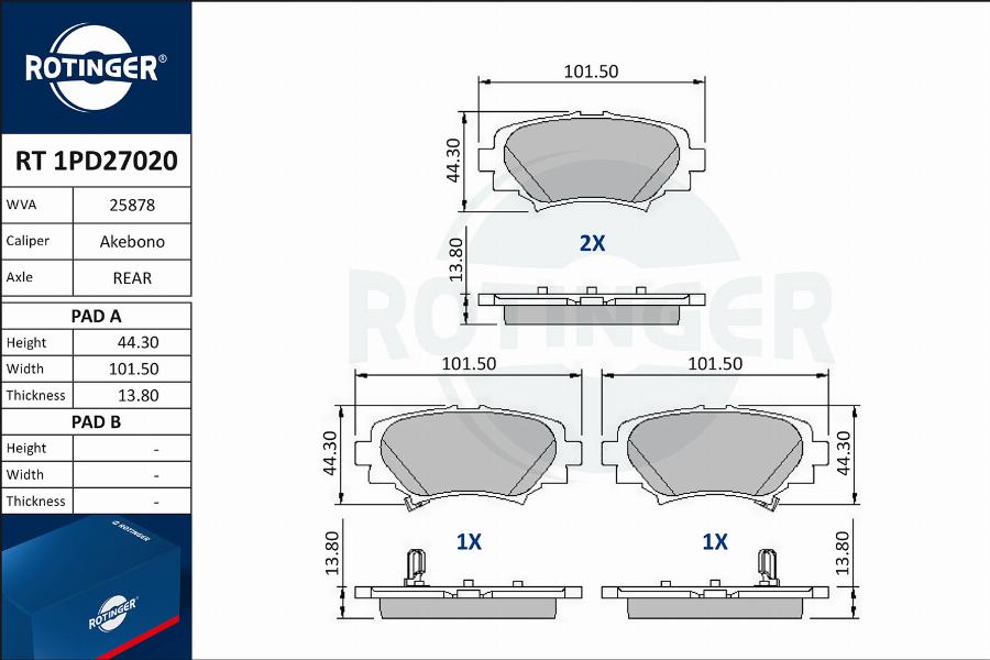 Rotinger RT 1PD27020 - Комплект спирачно феродо, дискови спирачки vvparts.bg