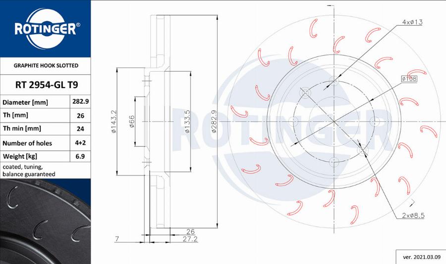 Rotinger RT 2954-GL T9 - Спирачен диск vvparts.bg