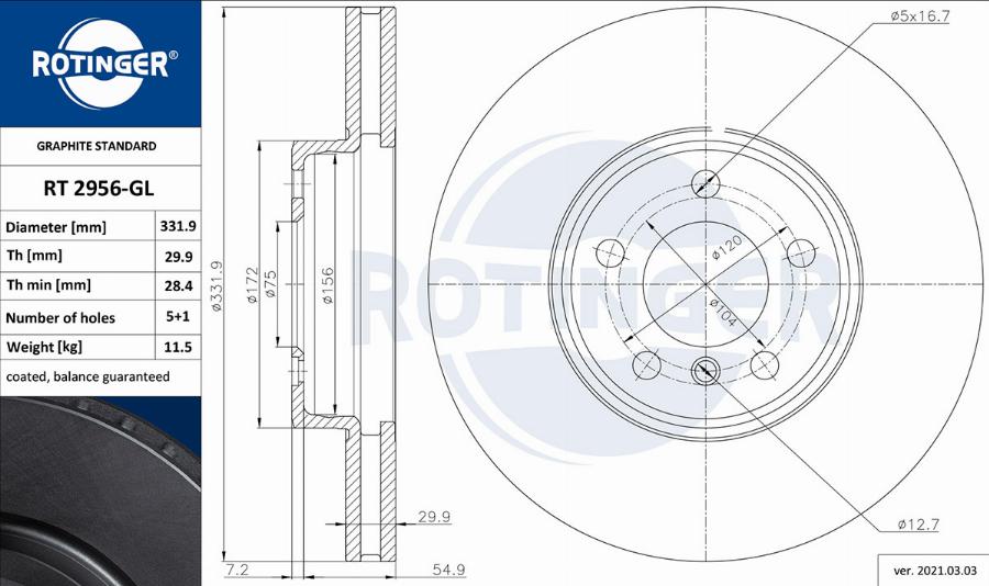 Rotinger RT 2956-GL - Спирачен диск vvparts.bg