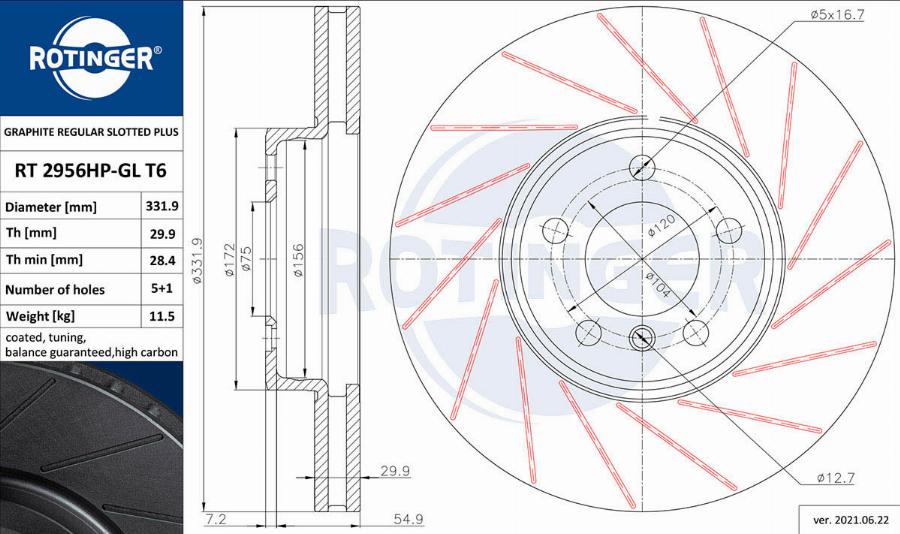 Rotinger RT 2956HP-GL T6 - Спирачен диск vvparts.bg