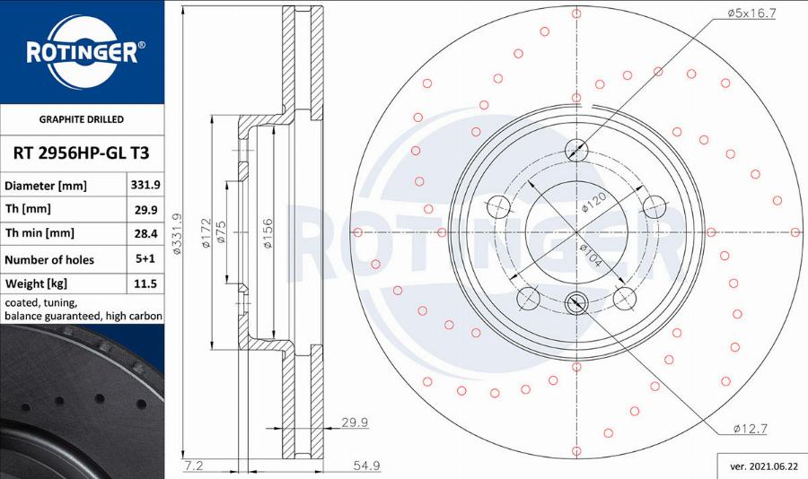 Rotinger RT 2956HP-GL T3 - Спирачен диск vvparts.bg