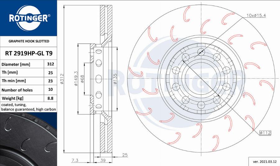 Rotinger RT 2919HP-GL T9 - Спирачен диск vvparts.bg