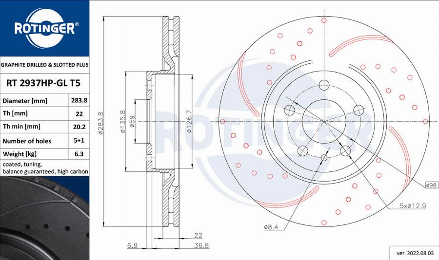 Rotinger RT 2937HP-GL T5 - Спирачен диск vvparts.bg