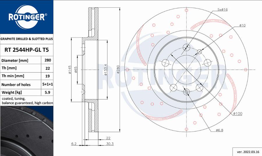 Rotinger RT 2544HP-GL T5 - Спирачен диск vvparts.bg