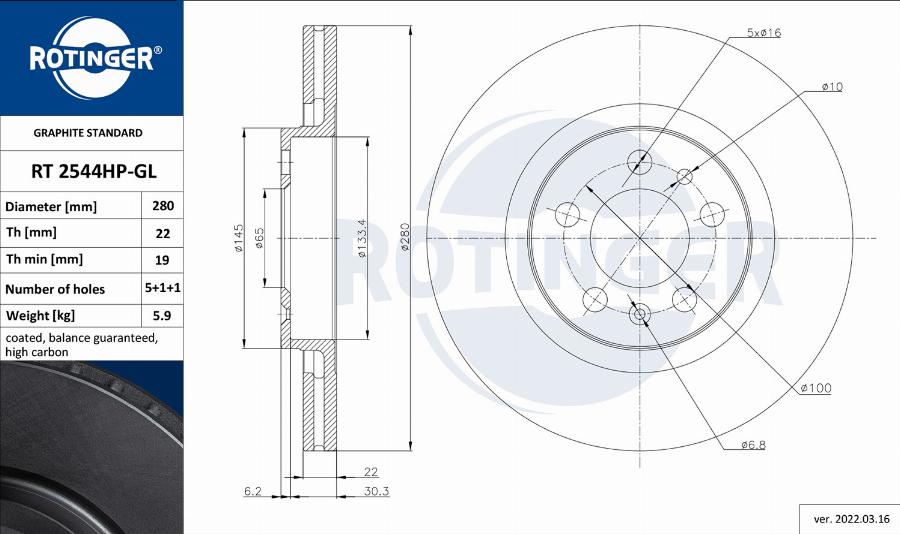 Rotinger RT 2544HP-GL - Спирачен диск vvparts.bg