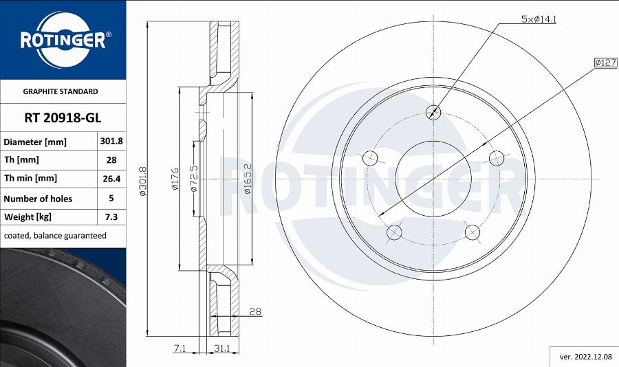 Rotinger RT 20918-GL - Спирачен диск vvparts.bg