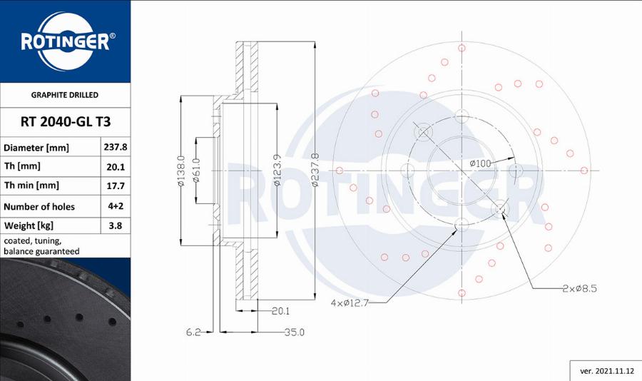 Rotinger RT 2040-GL T3 - Спирачен диск vvparts.bg