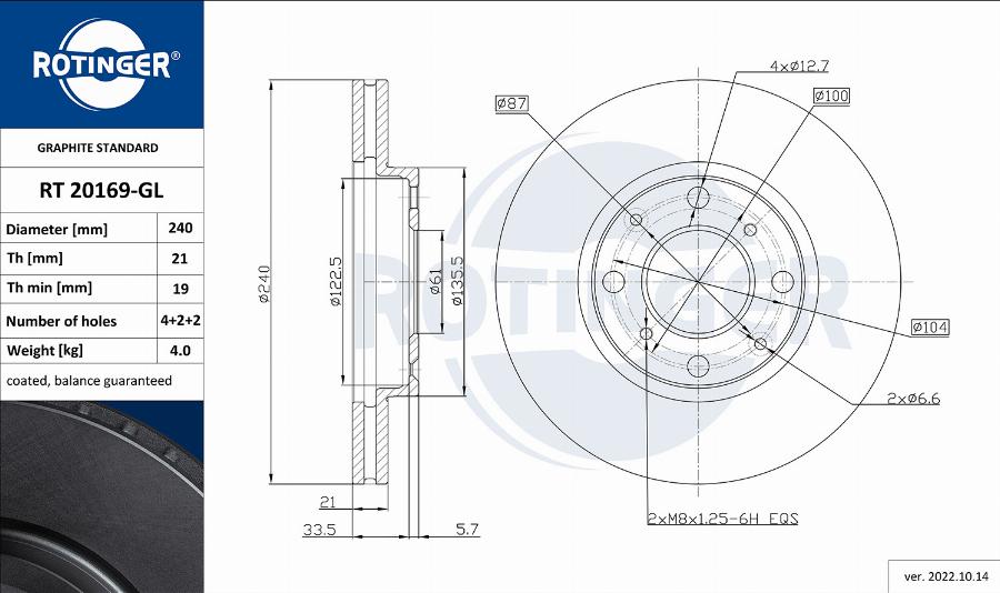 Rotinger RT 20169-GL - Спирачен диск vvparts.bg