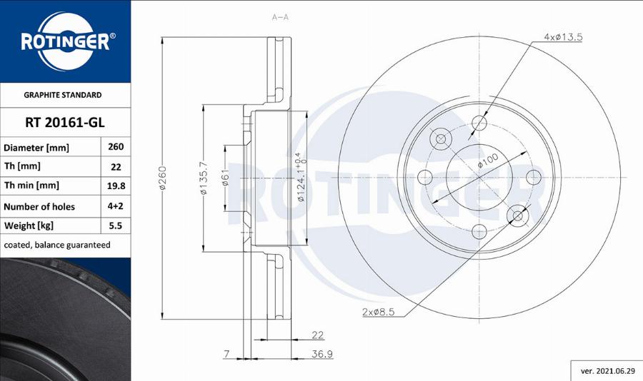 Rotinger RT 20161-GL - Спирачен диск vvparts.bg