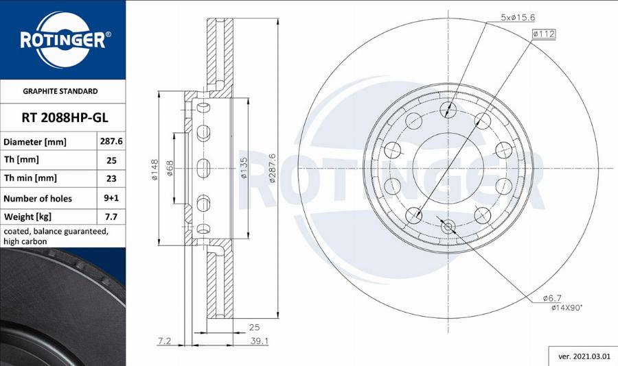 Rotinger RT 2088HP-GL - Спирачен диск vvparts.bg