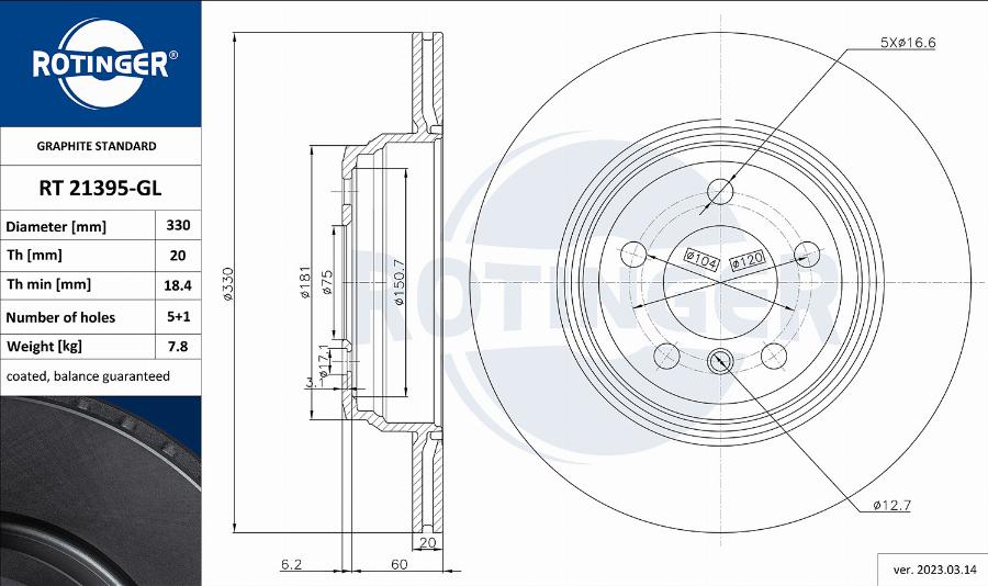 Rotinger RT 21395-GL - Спирачен диск vvparts.bg