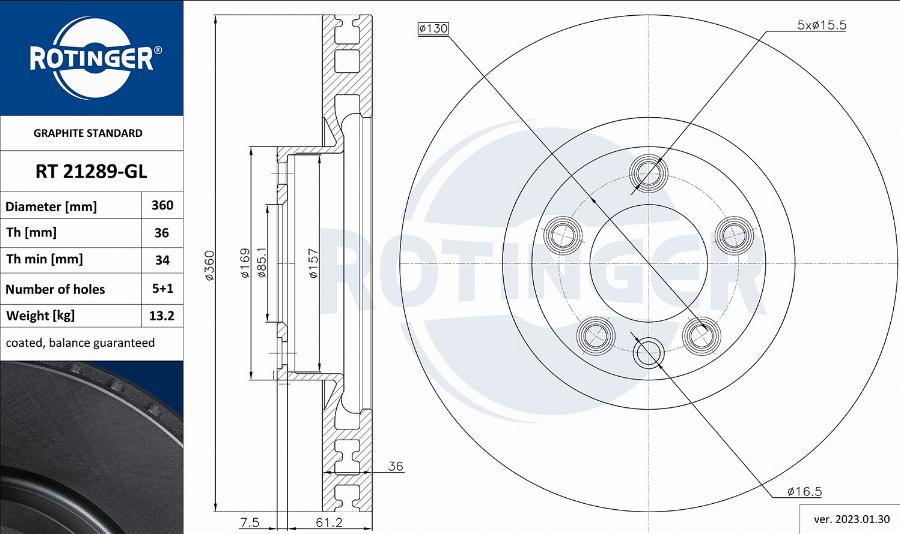 Rotinger RT 21289-GL - Спирачен диск vvparts.bg