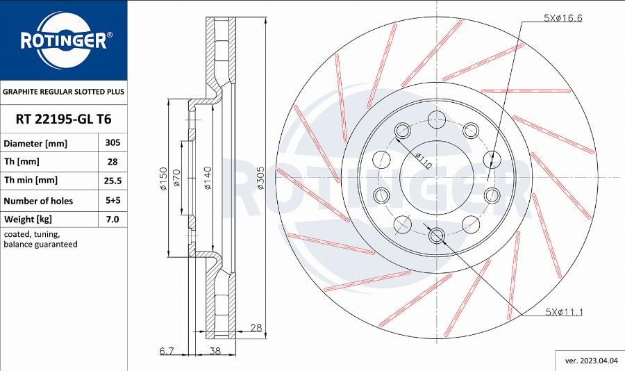 Rotinger RT 22195-GL T6 - Спирачен диск vvparts.bg