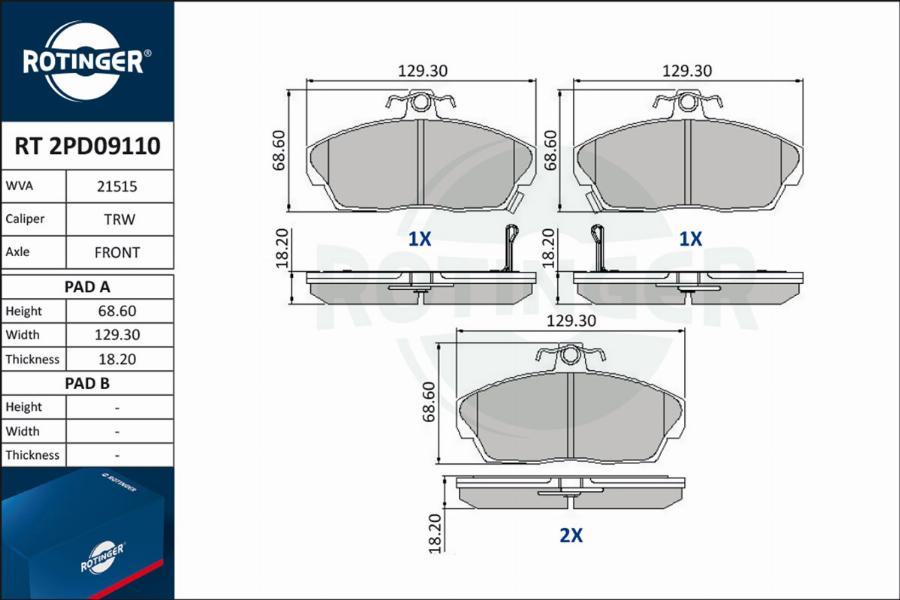 Rotinger RT 2PD09110 - Комплект спирачно феродо, дискови спирачки vvparts.bg