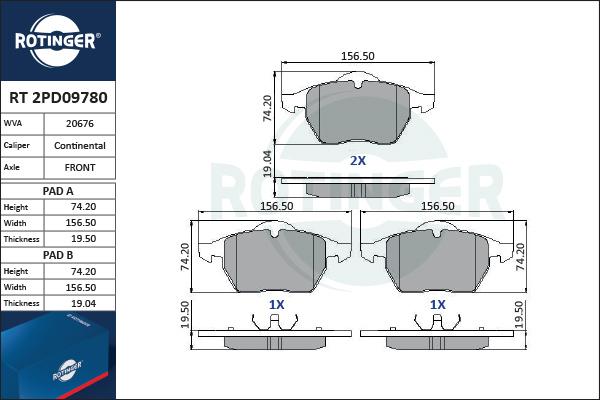 Rotinger RT 2PD09780 - Комплект спирачно феродо, дискови спирачки vvparts.bg