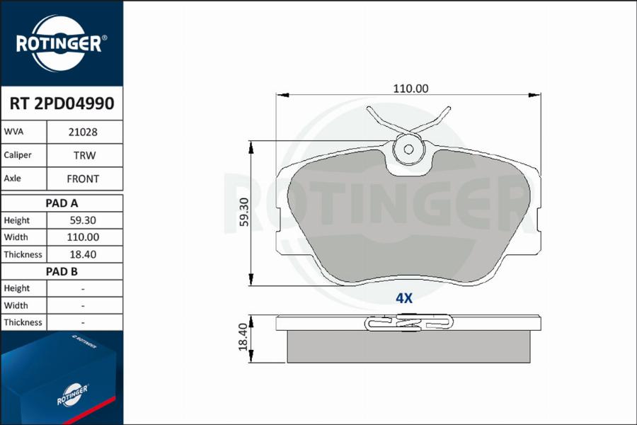 Rotinger RT 2PD04990 - Комплект спирачно феродо, дискови спирачки vvparts.bg