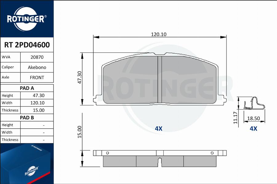 Rotinger RT 2PD04600 - Комплект спирачно феродо, дискови спирачки vvparts.bg