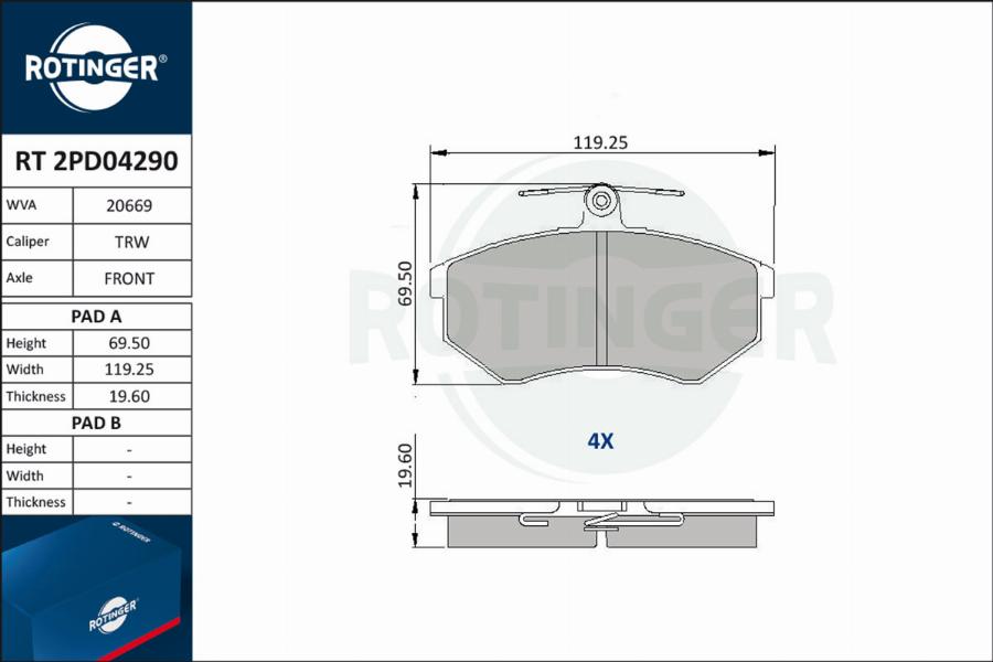 Rotinger RT 2PD04290 - Комплект спирачно феродо, дискови спирачки vvparts.bg