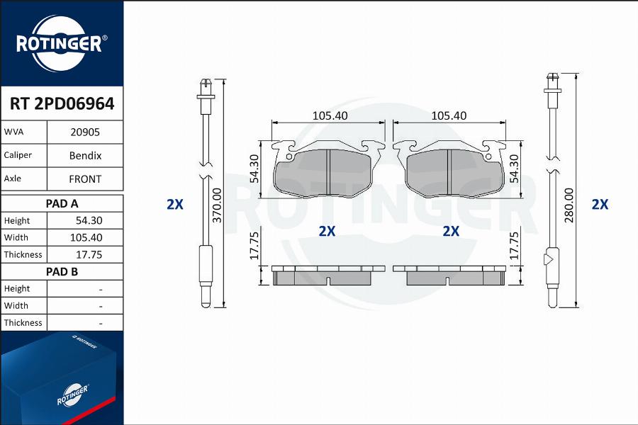 Rotinger RT 2PD06964 - Комплект спирачно феродо, дискови спирачки vvparts.bg