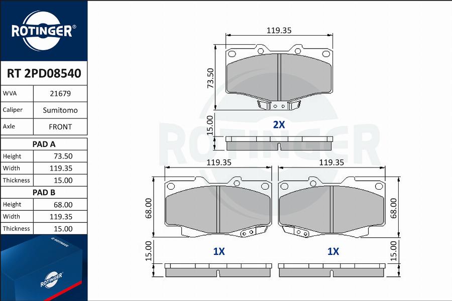 Rotinger RT 2PD08540 - Комплект спирачно феродо, дискови спирачки vvparts.bg