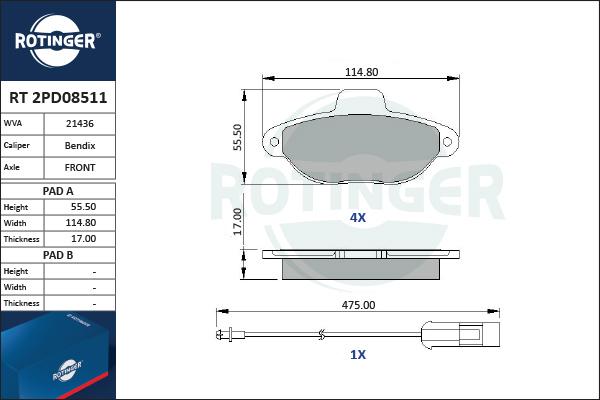 Rotinger RT 2PD08511 - Комплект спирачно феродо, дискови спирачки vvparts.bg