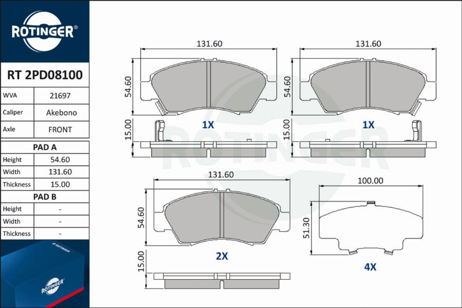 Rotinger RT 2PD08100 - Комплект спирачно феродо, дискови спирачки vvparts.bg