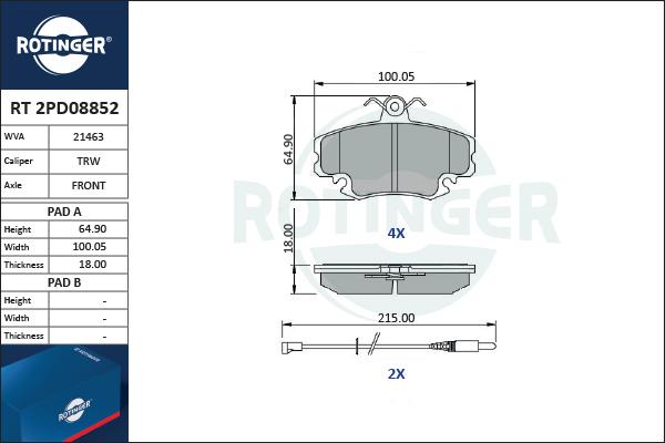 Rotinger RT 2PD08852 - Комплект спирачно феродо, дискови спирачки vvparts.bg