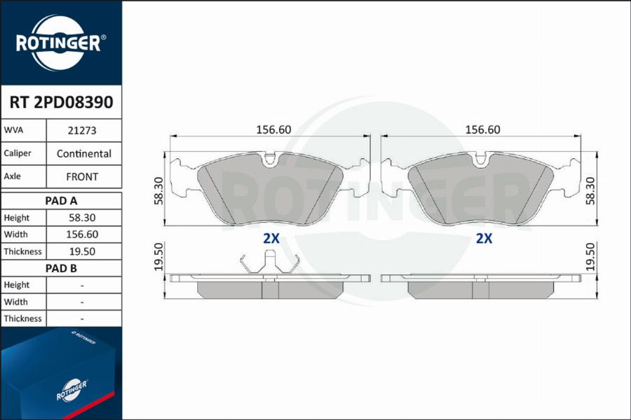 Rotinger RT 2PD08390 - Комплект спирачно феродо, дискови спирачки vvparts.bg