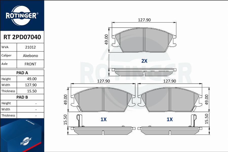 Rotinger RT 2PD07040 - Комплект спирачно феродо, дискови спирачки vvparts.bg