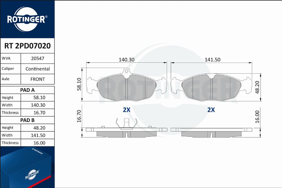 Rotinger RT 2PD07020 - Комплект спирачно феродо, дискови спирачки vvparts.bg