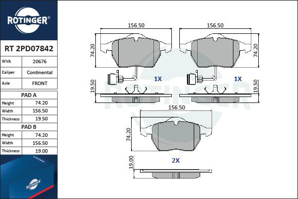 Rotinger RT 2PD07842 - Комплект спирачно феродо, дискови спирачки vvparts.bg