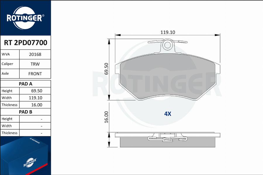 Rotinger RT 2PD07700 - Комплект спирачно феродо, дискови спирачки vvparts.bg