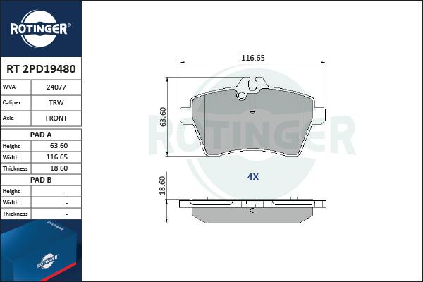 Rotinger RT 2PD19480 - Комплект спирачно феродо, дискови спирачки vvparts.bg