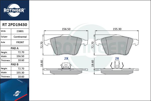 Rotinger RT 2PD19430 - Комплект спирачно феродо, дискови спирачки vvparts.bg