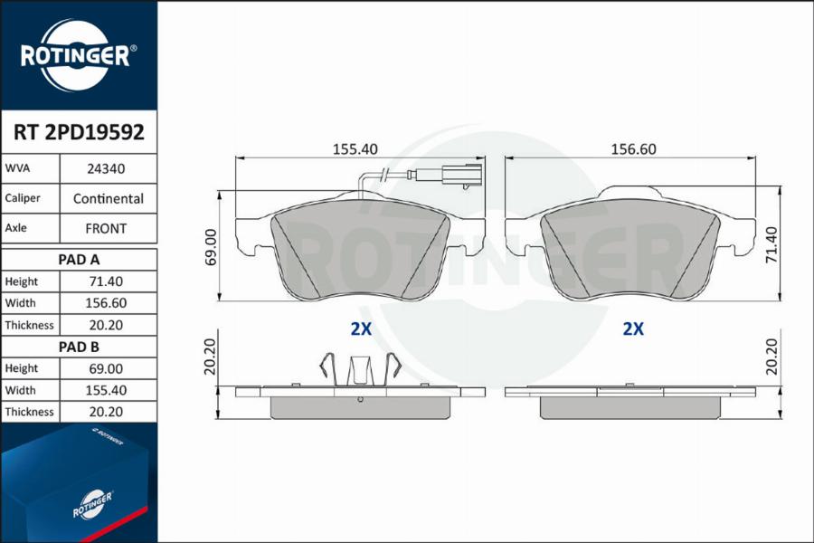 Rotinger RT 2PD19592 - Комплект спирачно феродо, дискови спирачки vvparts.bg