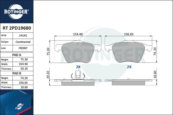 Rotinger RT 2PD19680 - Комплект спирачно феродо, дискови спирачки vvparts.bg