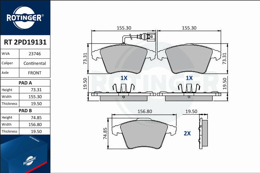 Rotinger RT 2PD19131 - Комплект спирачно феродо, дискови спирачки vvparts.bg