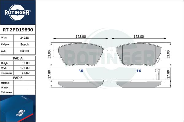 Rotinger RT 2PD19890 - Комплект спирачно феродо, дискови спирачки vvparts.bg