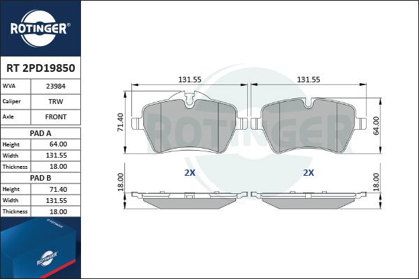 Rotinger RT 2PD19850 - Комплект спирачно феродо, дискови спирачки vvparts.bg