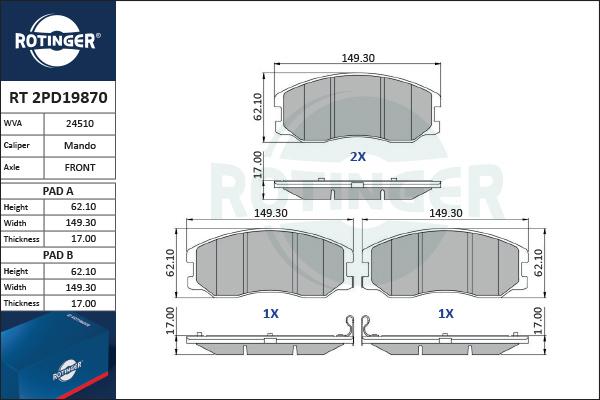 Rotinger RT 2PD19870 - Комплект спирачно феродо, дискови спирачки vvparts.bg