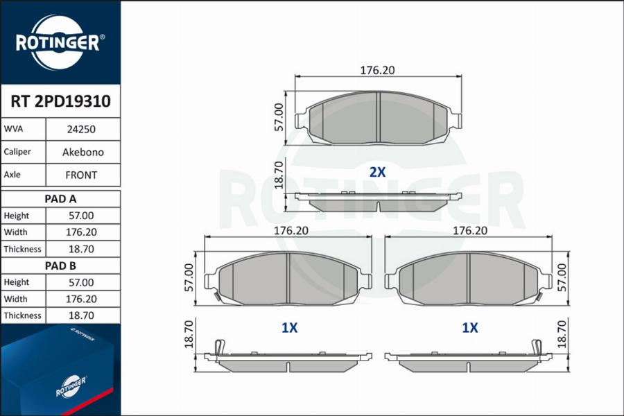 Rotinger RT 2PD19310 - Комплект спирачно феродо, дискови спирачки vvparts.bg