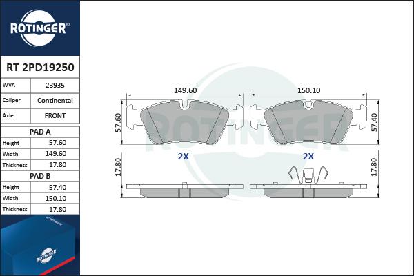 Rotinger RT 2PD19250 - Комплект спирачно феродо, дискови спирачки vvparts.bg