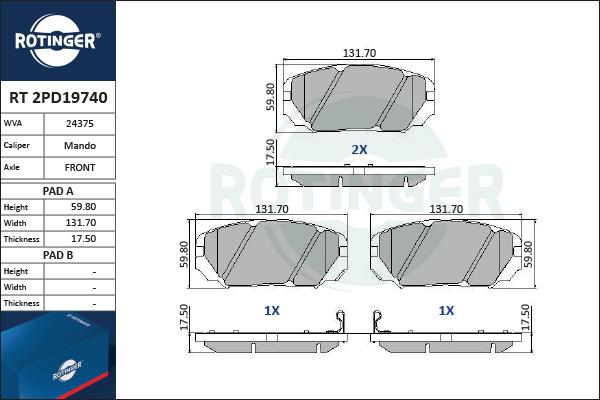 Rotinger RT 2PD19740 - Комплект спирачно феродо, дискови спирачки vvparts.bg