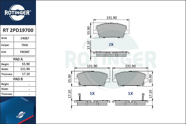 Rotinger RT 2PD19700 - Комплект спирачно феродо, дискови спирачки vvparts.bg